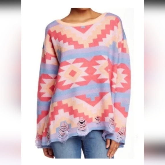 WILDFOX Desert Drive Multicolor PatternedSweater in Acid Pink. Size Small - Picture 3 of 15